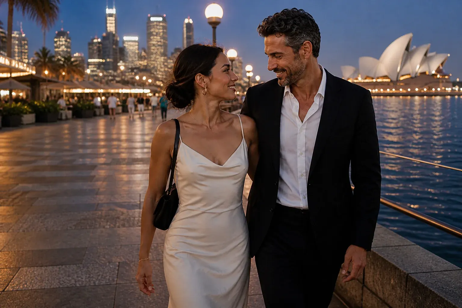 Elegant couple walking beside Sydney Harbour at dusk