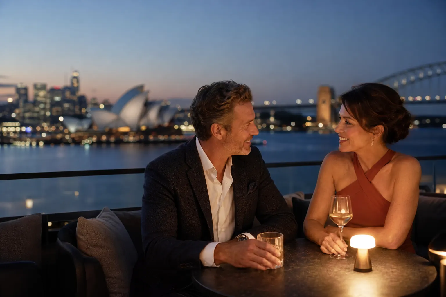 Mature Sydney couple sharing an engaged conversation at a harbour rooftop lounge