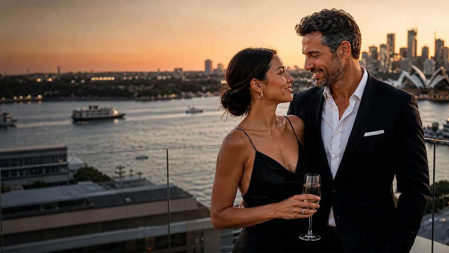 Couple enjoying an evening overlooking Sydney Harbour