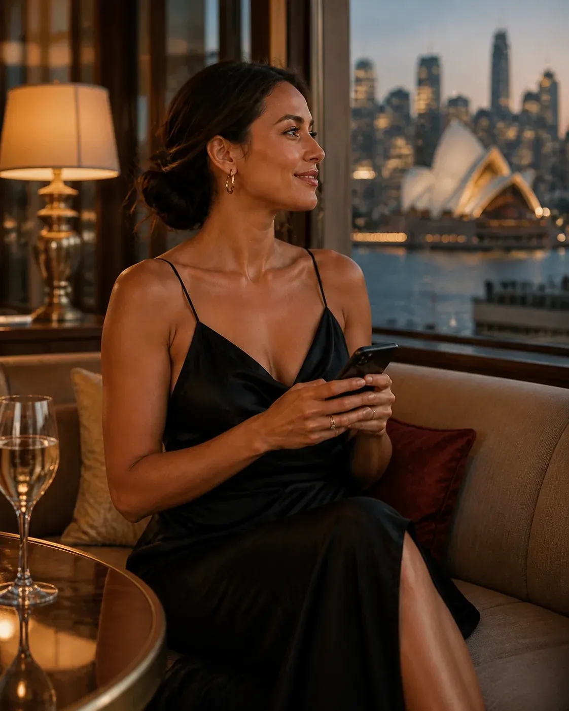 Woman using a dating app in a Sydney lounge